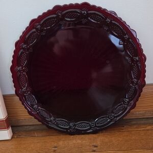 Avon Deep Burgundy Glass Serving Platter - Decorative Scalloped Edge
